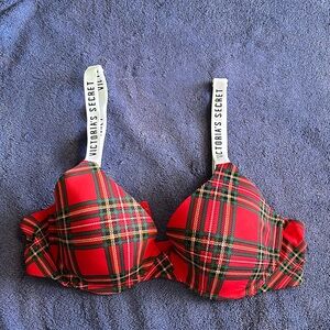 Victoria's Secret Logo Straps Holiday Plaid T-Shirt Lightly Lined 34B ~ EUC